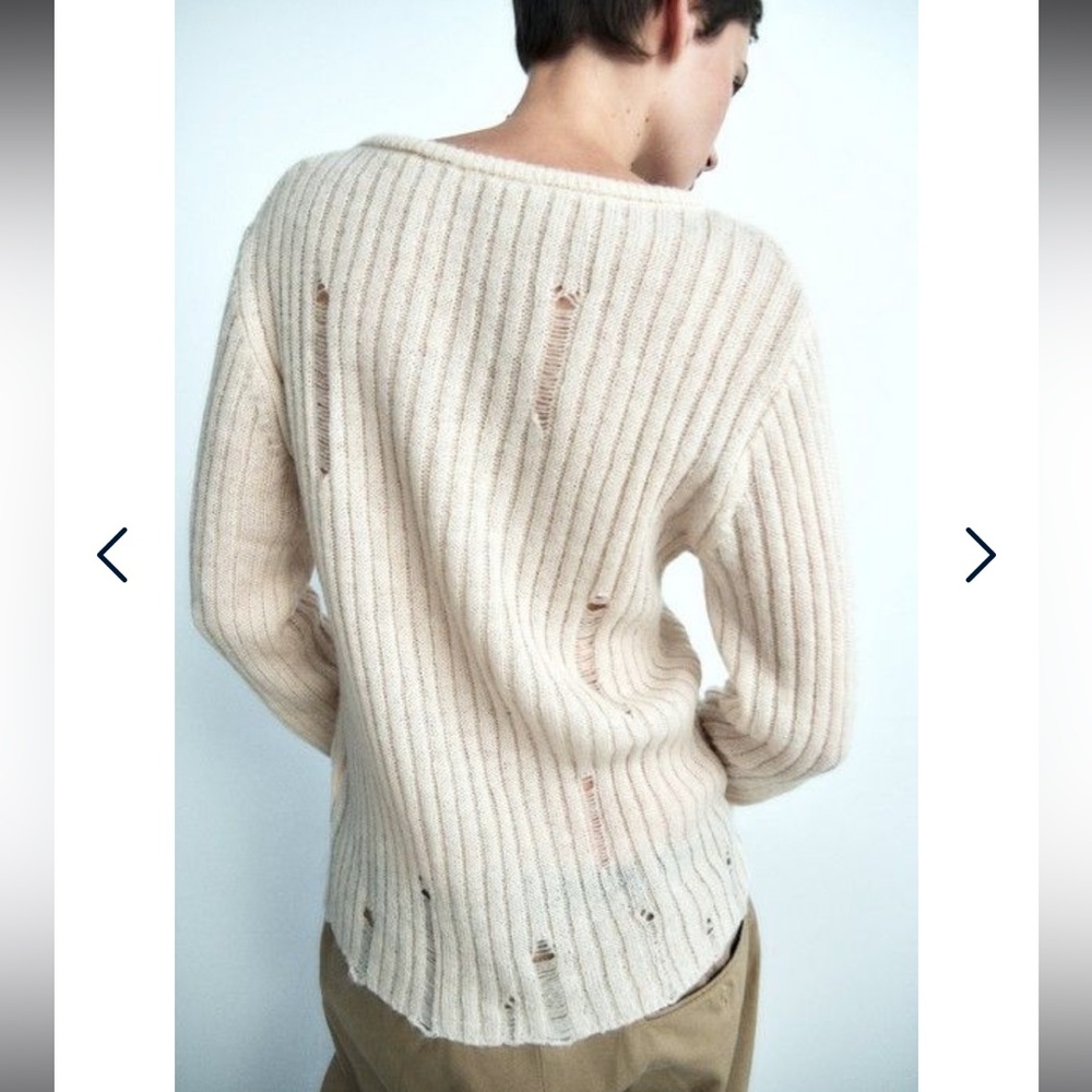 Zara Cream Distressed Ribbed Knit Sweater
